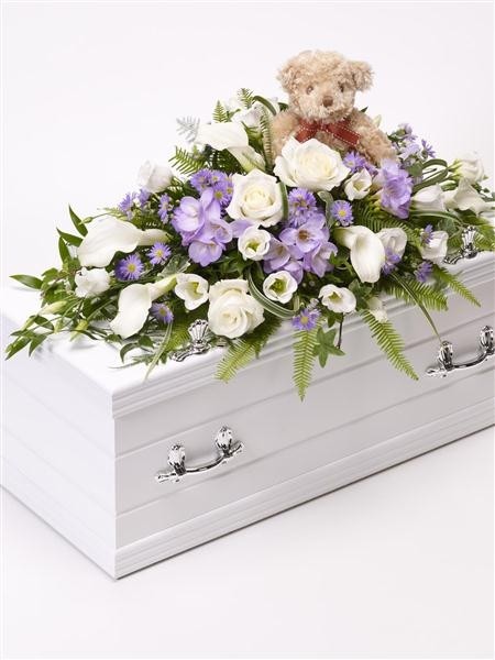 Children's Casket Spray with Teddy Bear   Blue and Lilac