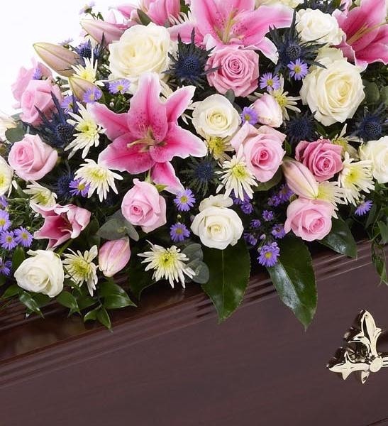 Pink Rose and Eryngium Casket Spray